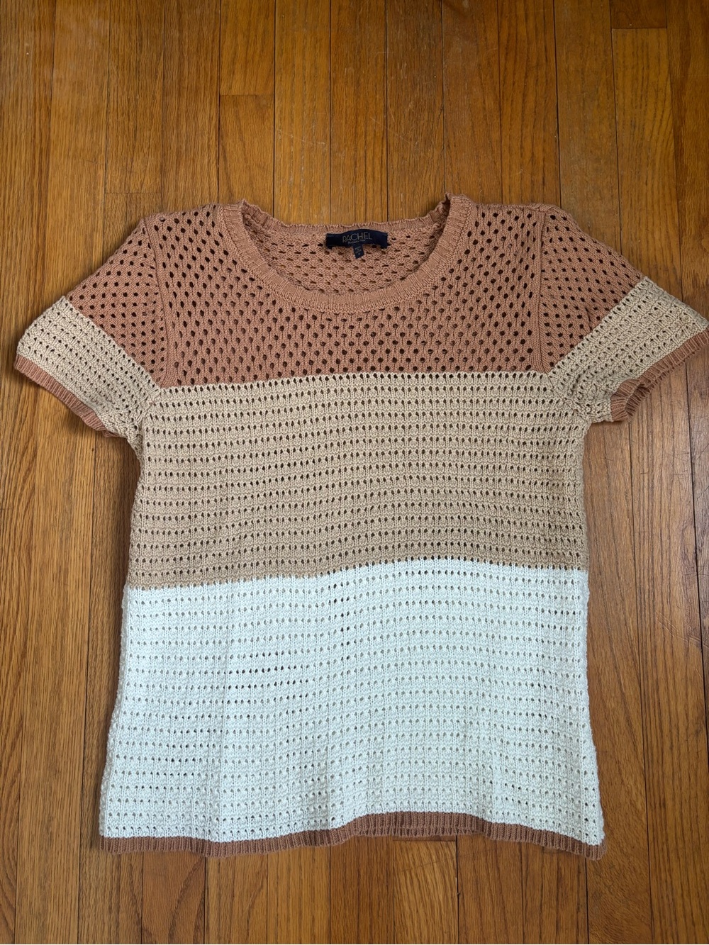 RACHEL Rachel Roy Open-Knit Crewneck Top with Neutral Color Blocking